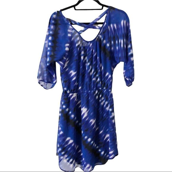 Express  Chiffon Elastic Waist Criss Cross Back Hi-Lo Mini Dress Size Medium - Picture 2 of 11